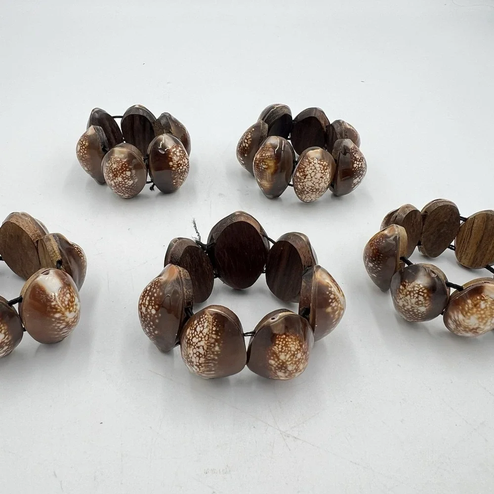 Set of 5 Shell & Wood Napkin Rings Boho Coastal Island Style‎ Table Decor